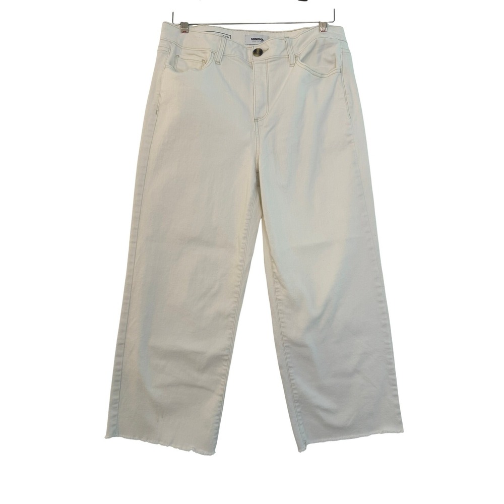Sonoma Women Off White Wide Leg Stretch Crop Jeans‎ Raw Hem Size 12
